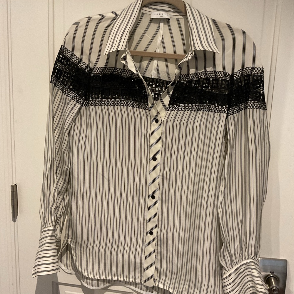 Sandro Ivory and Black Striped Button-Down with Lace Trim